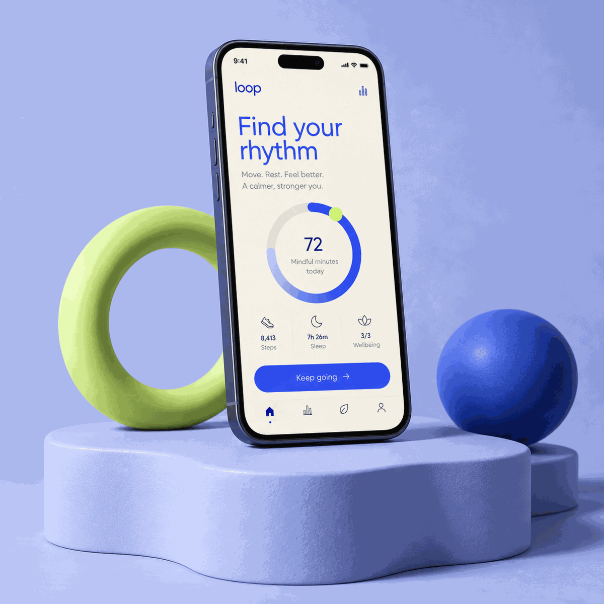 A fictional Loop app displayed in a colorful product composition
