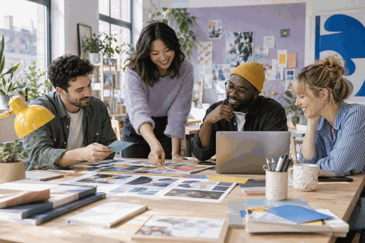 A creative team discussing ideas around a studio table